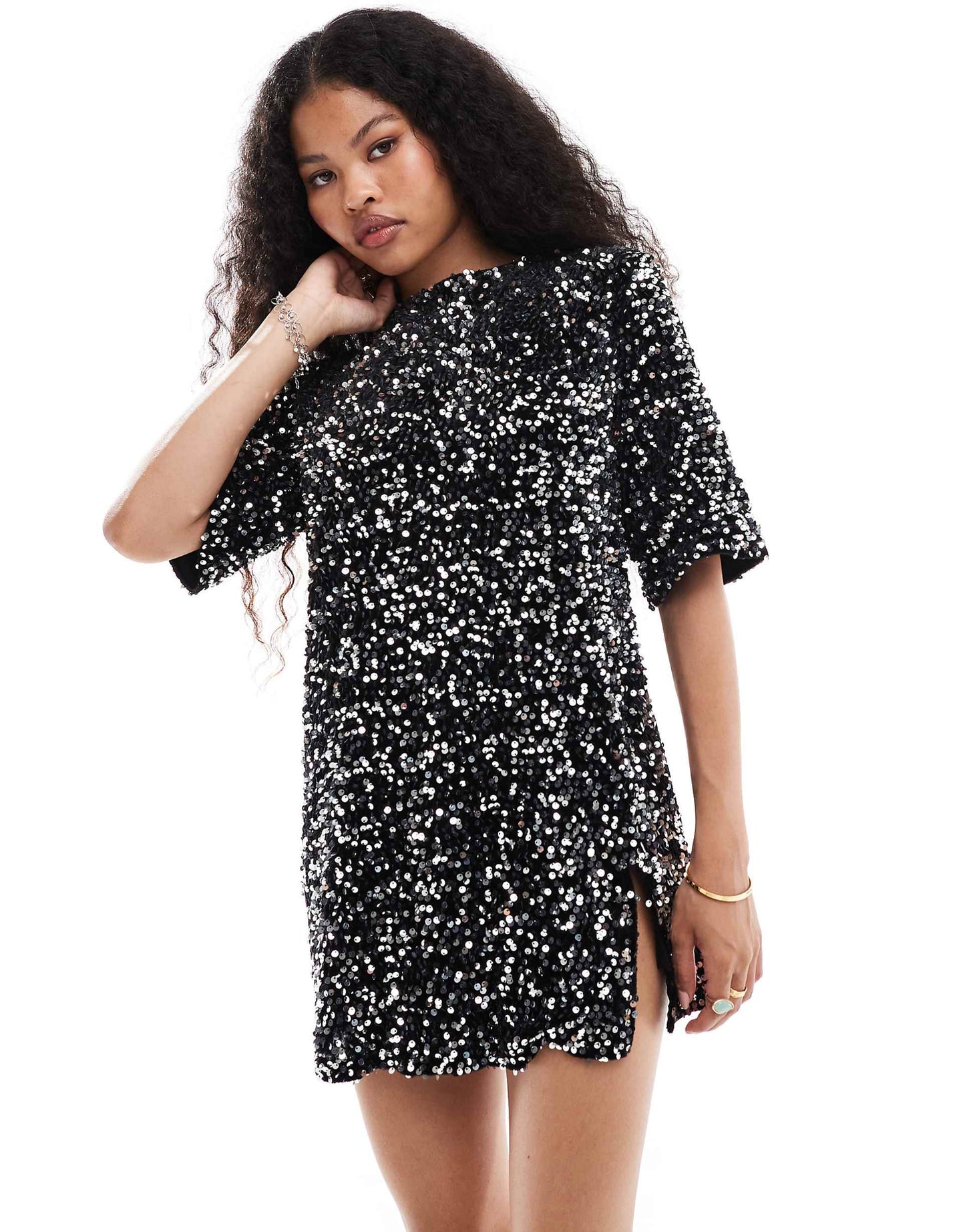 Petite Velvet Sequin Mini T-Shirt Dress With Open Back