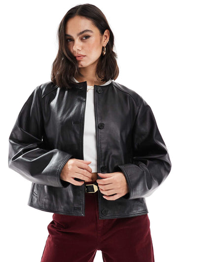 Collarless Premium Leather Jacket