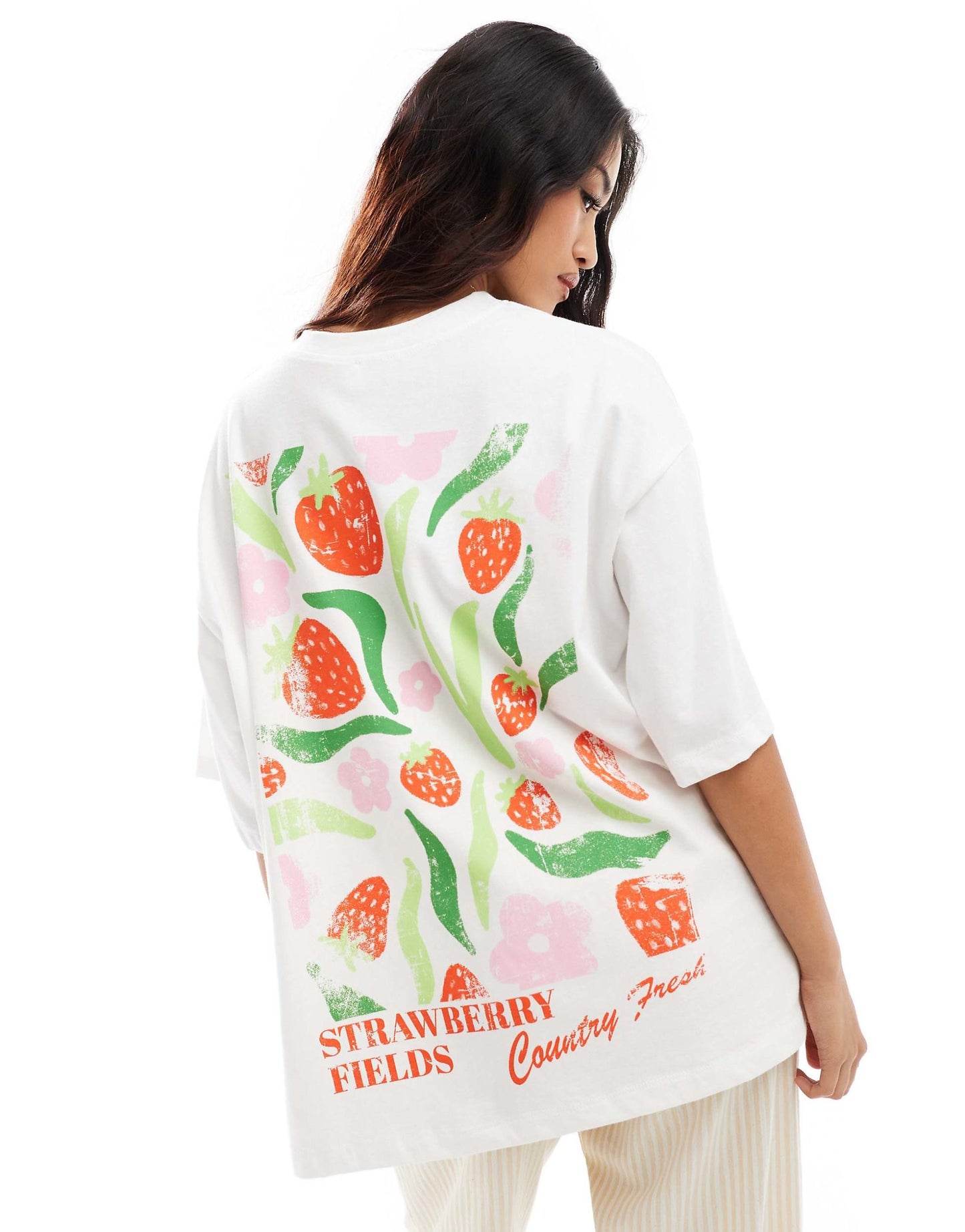 Oversized T-Shirt With Strawberry Flower Back Print