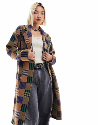 Check Patch Detail Oversized Coat