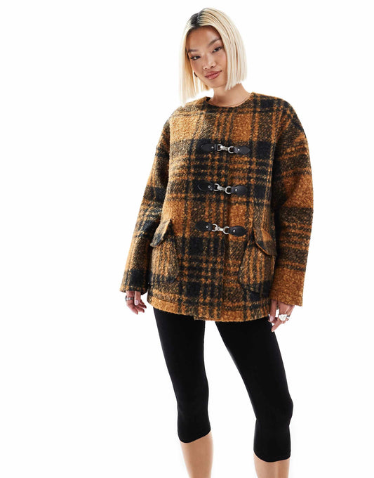 Boucle Toggle Detail Checked Coat