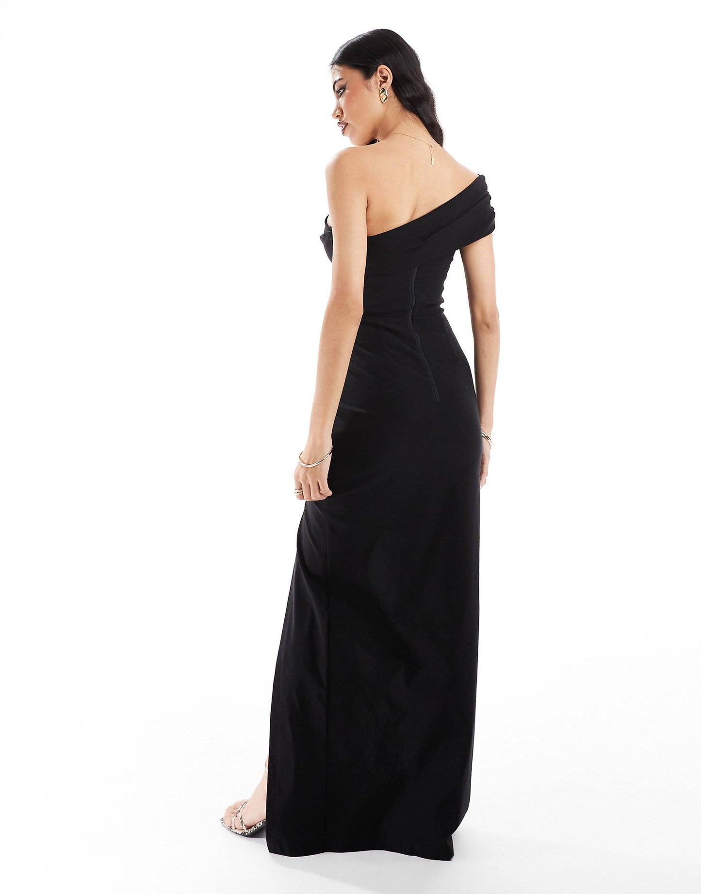 One Shoulder Ruched Bodycon Thigh Split Maxi Dress