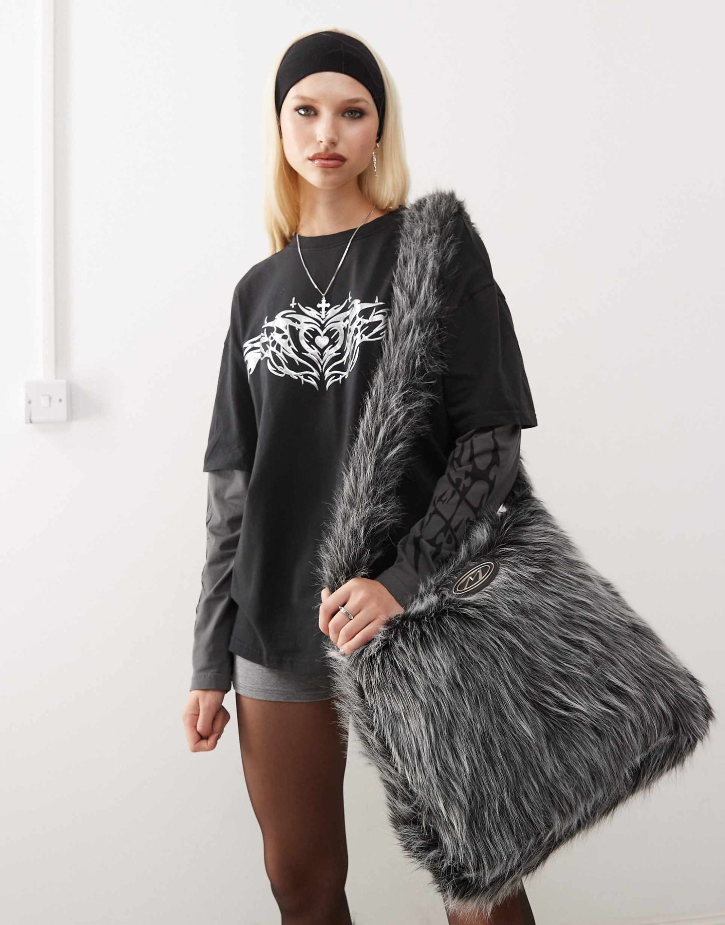 London Black And White Long Fur Crossbody Bag