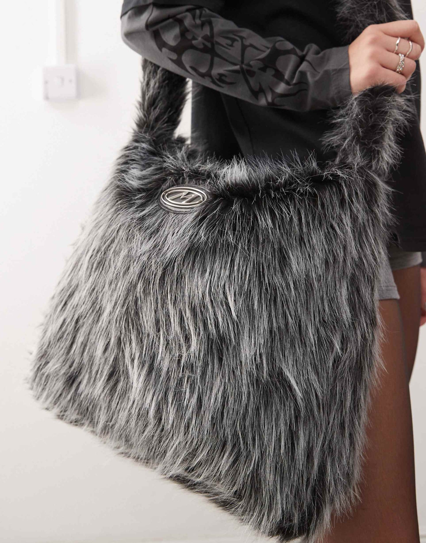 London Black And White Long Fur Crossbody Bag
