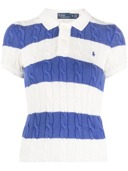 Striped Cable-Knit Polo Top