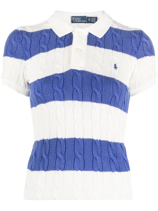 Striped Cable-Knit Polo Top