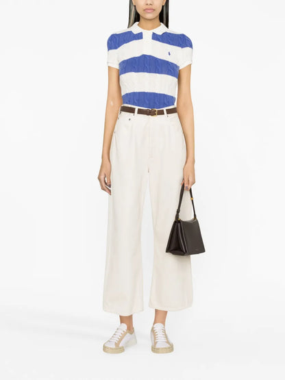 Striped Cable-Knit Polo Top