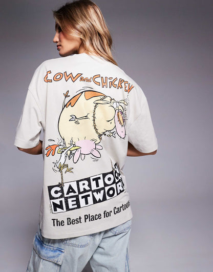 Unisex Oversized License T-Shirt With Cartoon Network Cow And Chicken Prints