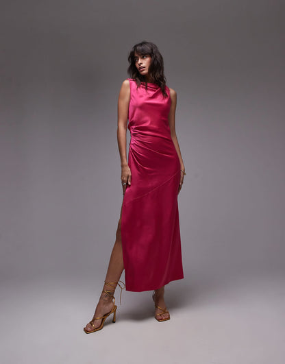 Knot Shoulder Pintuck Waist Satin Midi