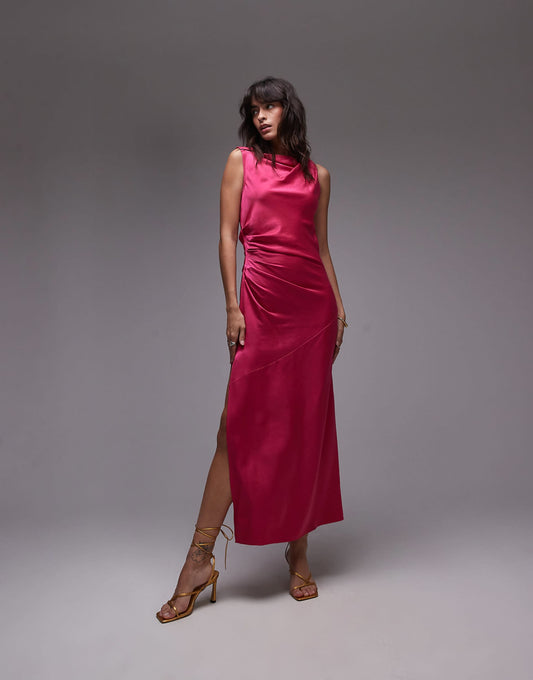Knot Shoulder Pintuck Waist Satin Midi
