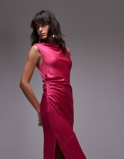 Knot Shoulder Pintuck Waist Satin Midi