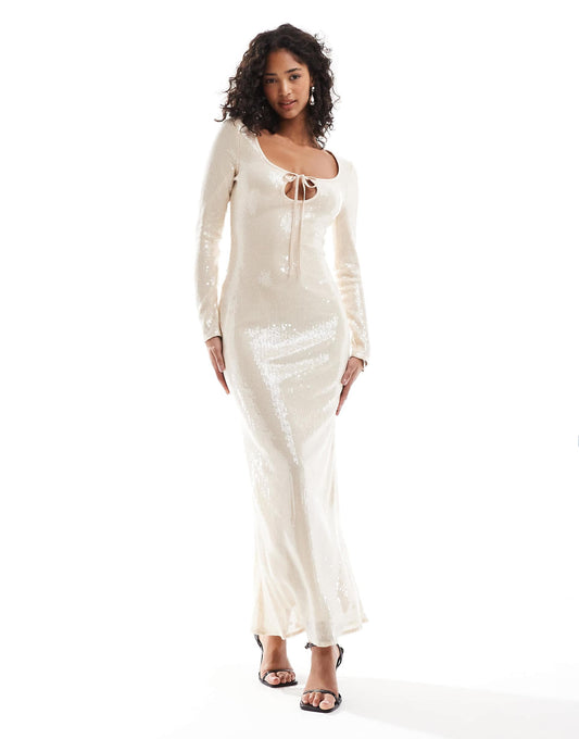 Exclusive Sequin Tie Front Bodycon Maxi Dress