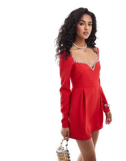 Exclusive Diamante Trim Sweetheart Neckline Mini Dress