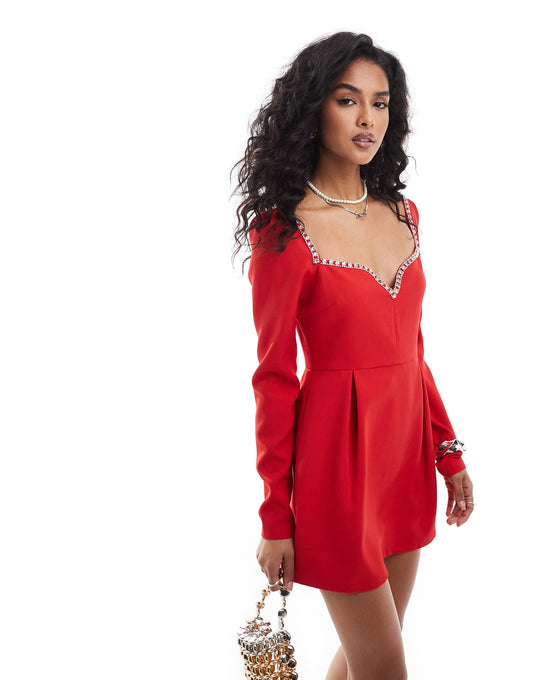 Exclusive Diamante Trim Sweetheart Neckline Mini Dress