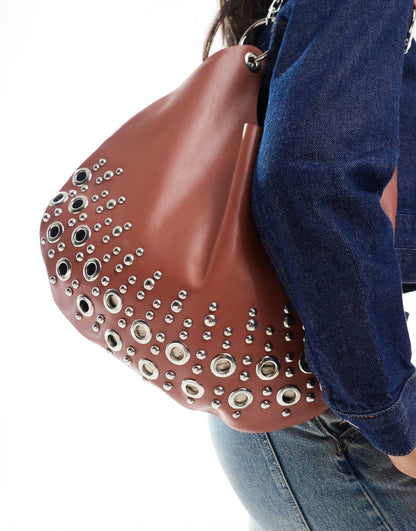 Premium Leather Eyelet Detail Scoop Tote Bag