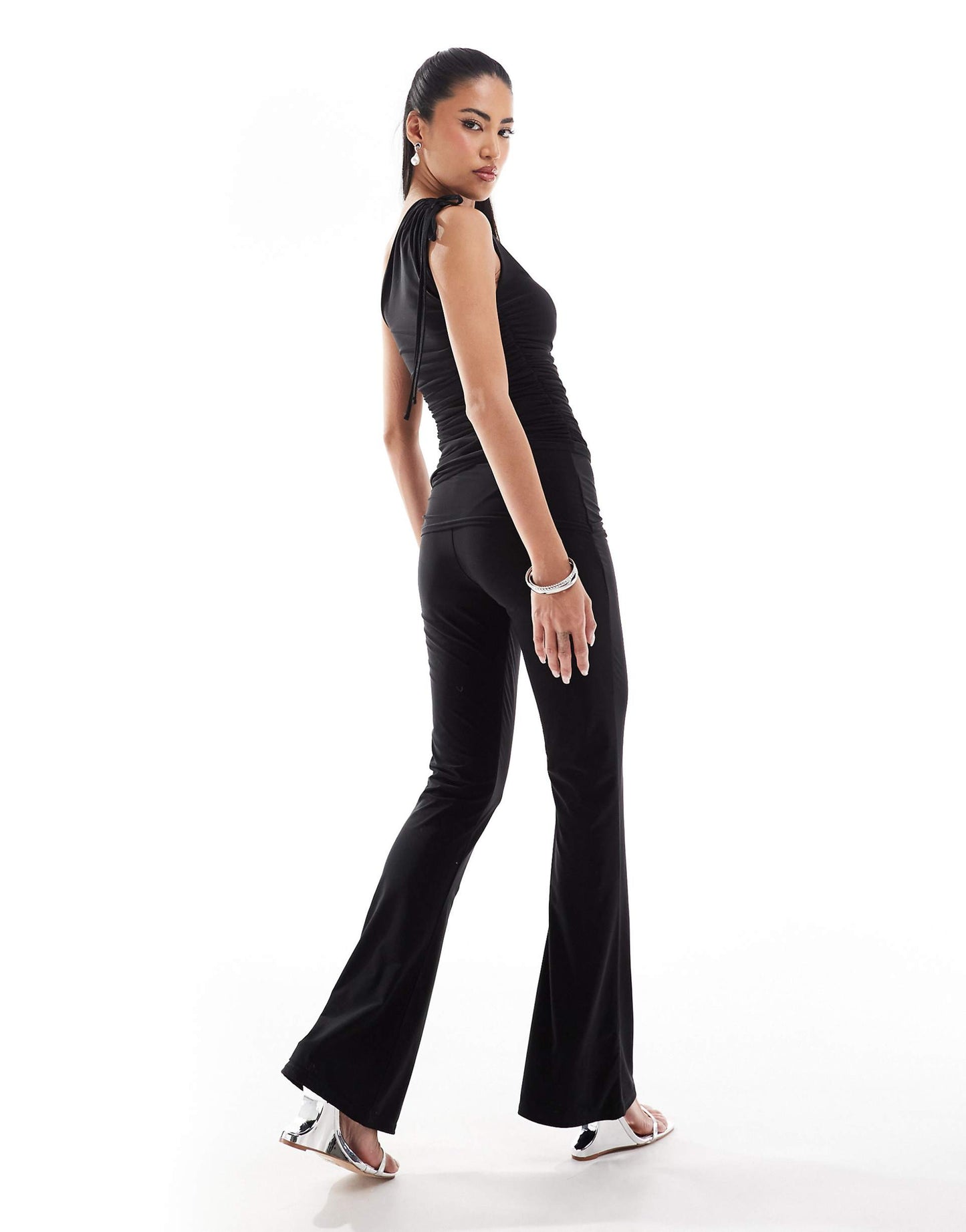 Exclusive Slinky Ruched Side Folded Waist Flared Trousers Co-Ord
