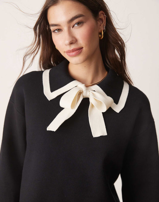 Bow Neck Long Sleeve Knit Top