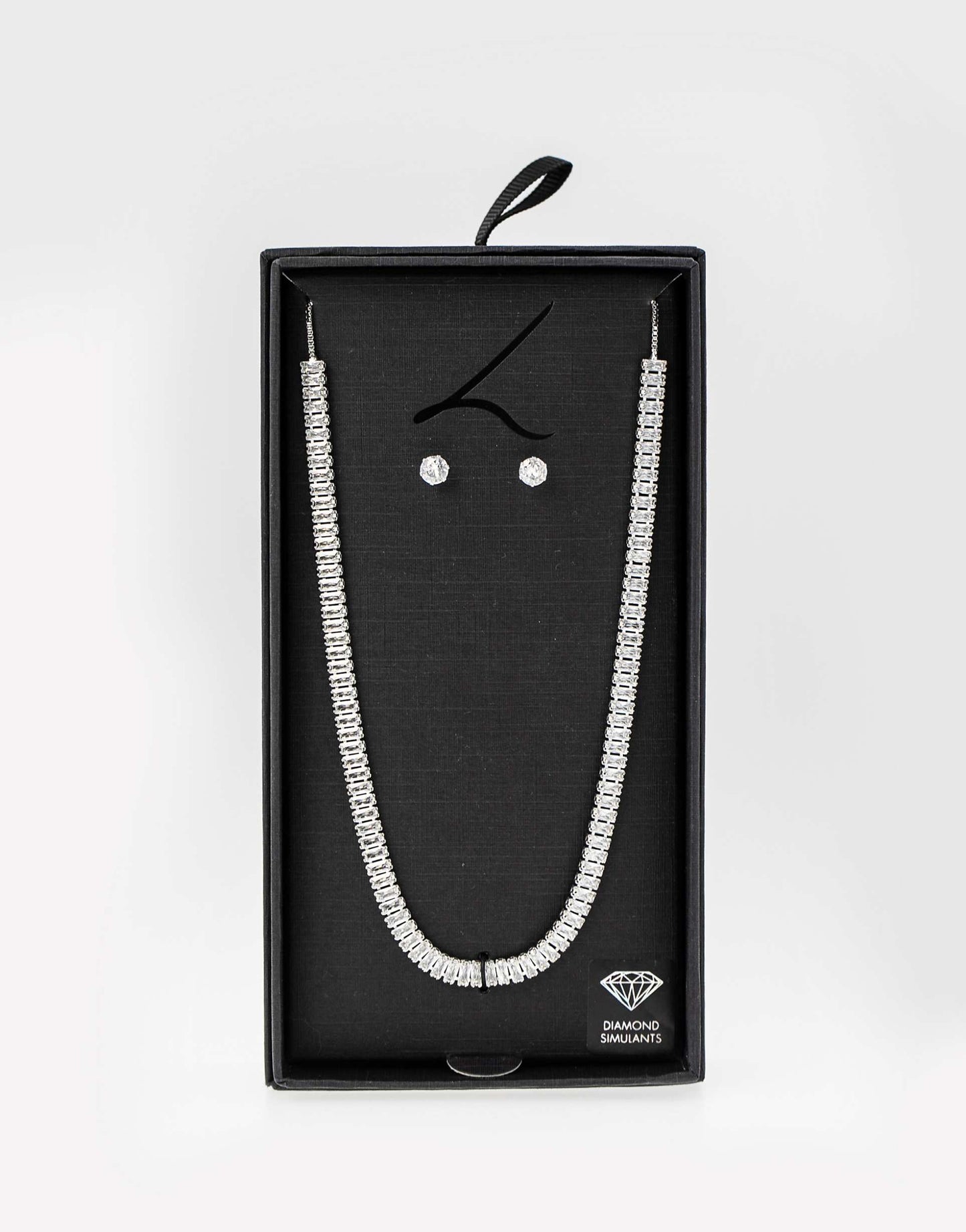 Rhodium Diamond Simulant Baguette Necklace & Earrings Set