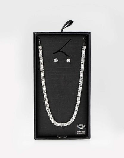 Rhodium Diamond Simulant Baguette Necklace & Earrings Set