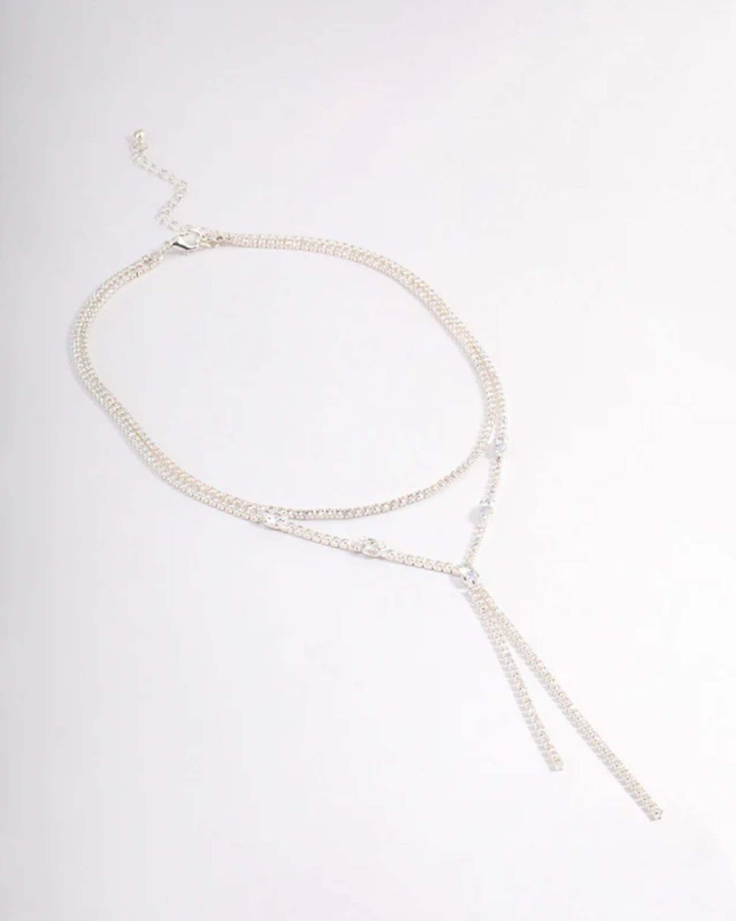 Silver Cubic Zirconia Double Row Spilt Y-Necklace