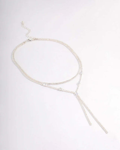 Silver Cubic Zirconia Double Row Spilt Y-Necklace