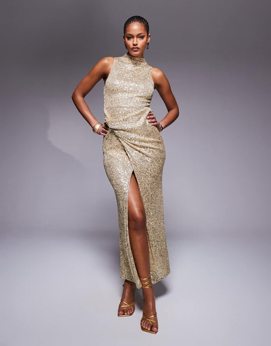 Tall Sequin High Neck Midi Dress With Twisted Cowl Skirt Detail