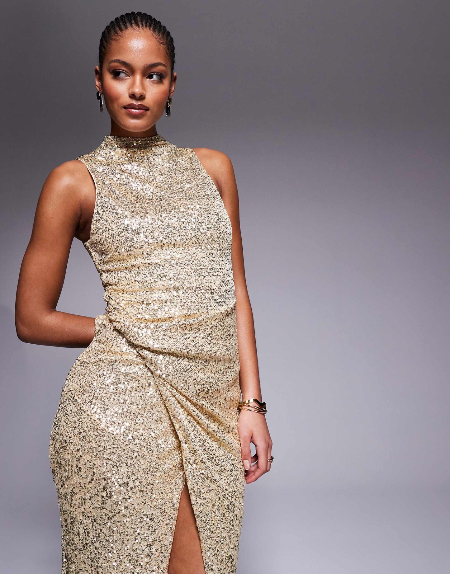 Tall Sequin High Neck Midi Dress With Twisted Cowl Skirt Detail