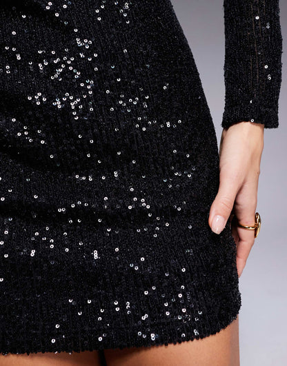 Sequin Slashed Shoulder Mini Dress With High Neck Detail