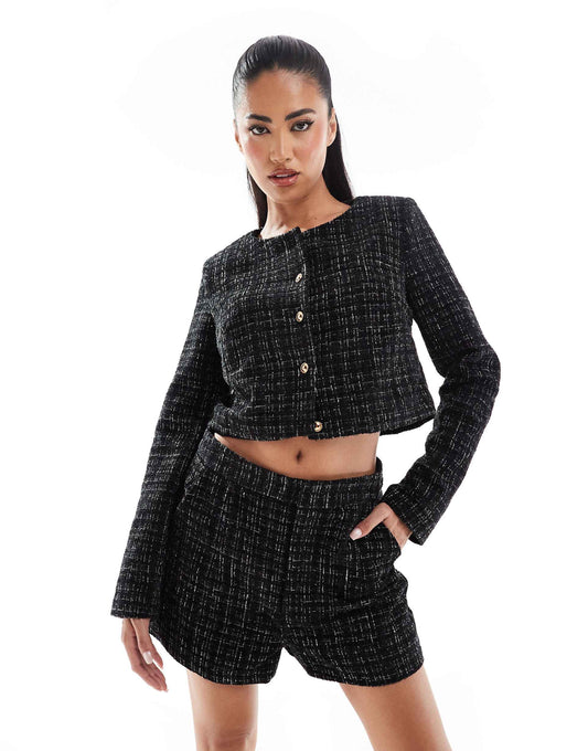 Exclusive Metallic Boucle Gold Button Cropped Tailored Jacket Co-Ord