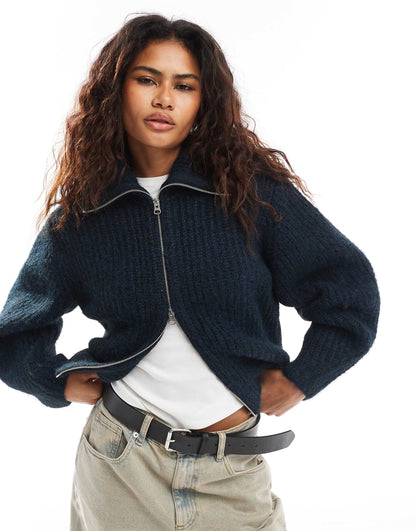 Bea Wool Blend Zip Through Cardigan With Oversized Collar
