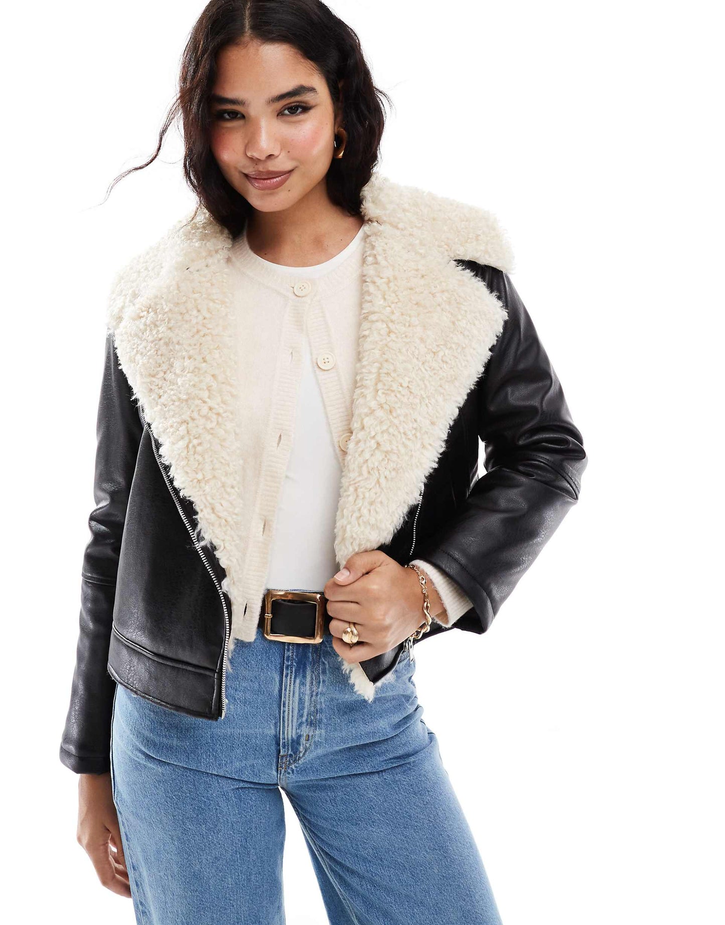 Str Faux Leather Aviator Jacket With Faux Fur Detail