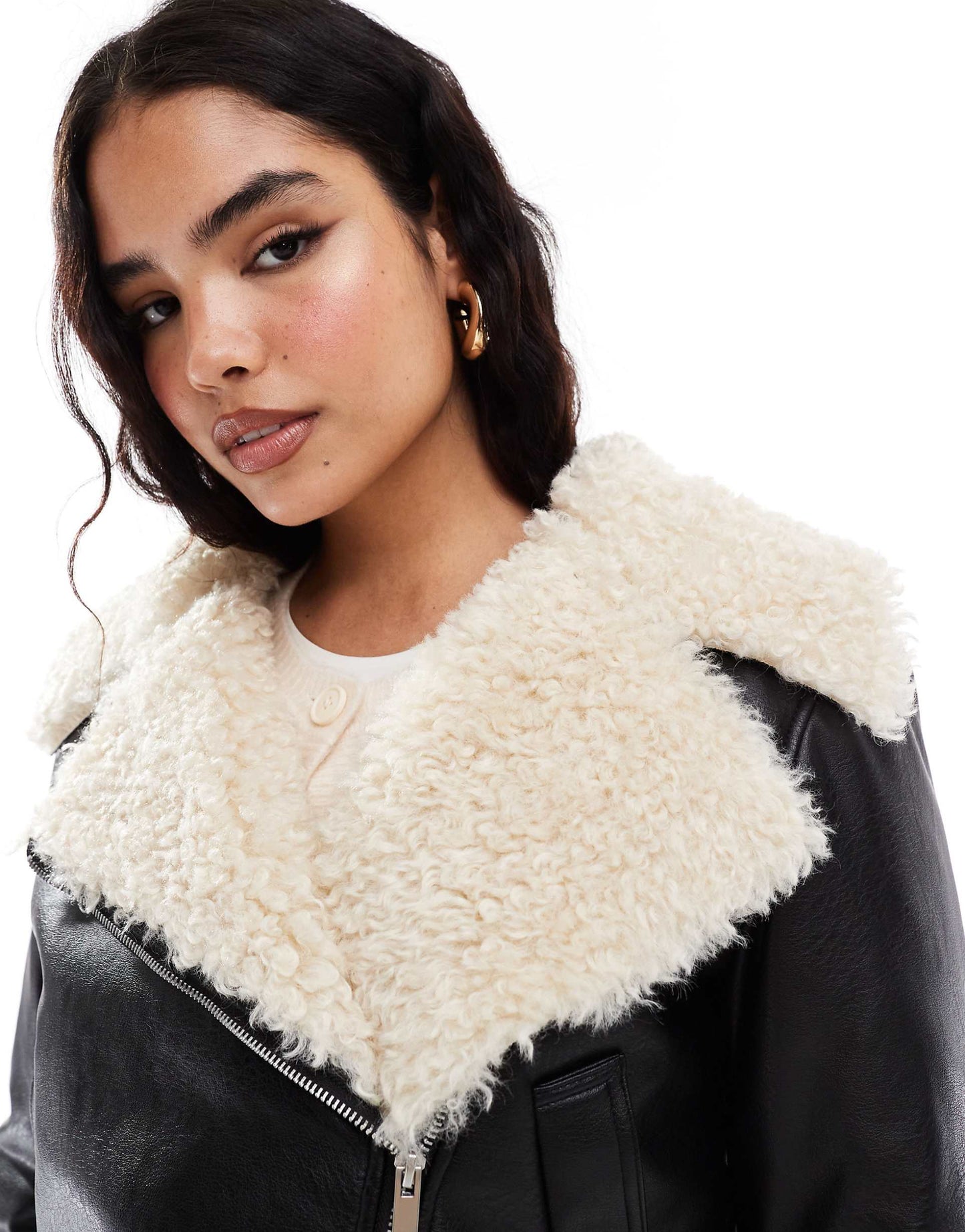 Str Faux Leather Aviator Jacket With Faux Fur Detail