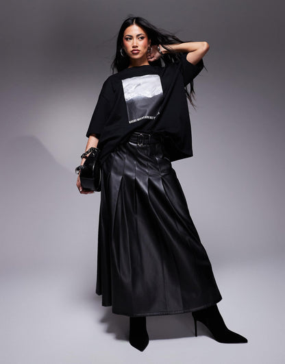 Faux Leather Pleated Midi Skirt