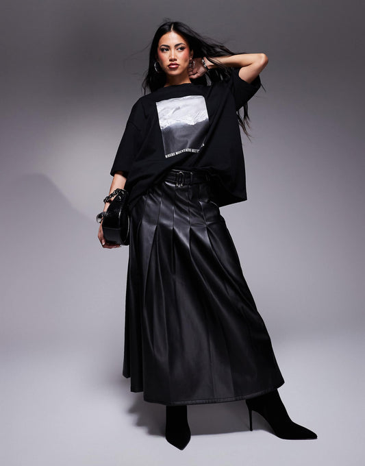 Faux Leather Pleated Midi Skirt