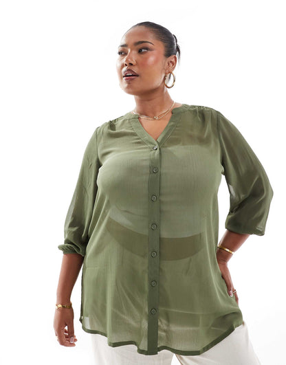 Notch Neck Sheer Crepe Blouse