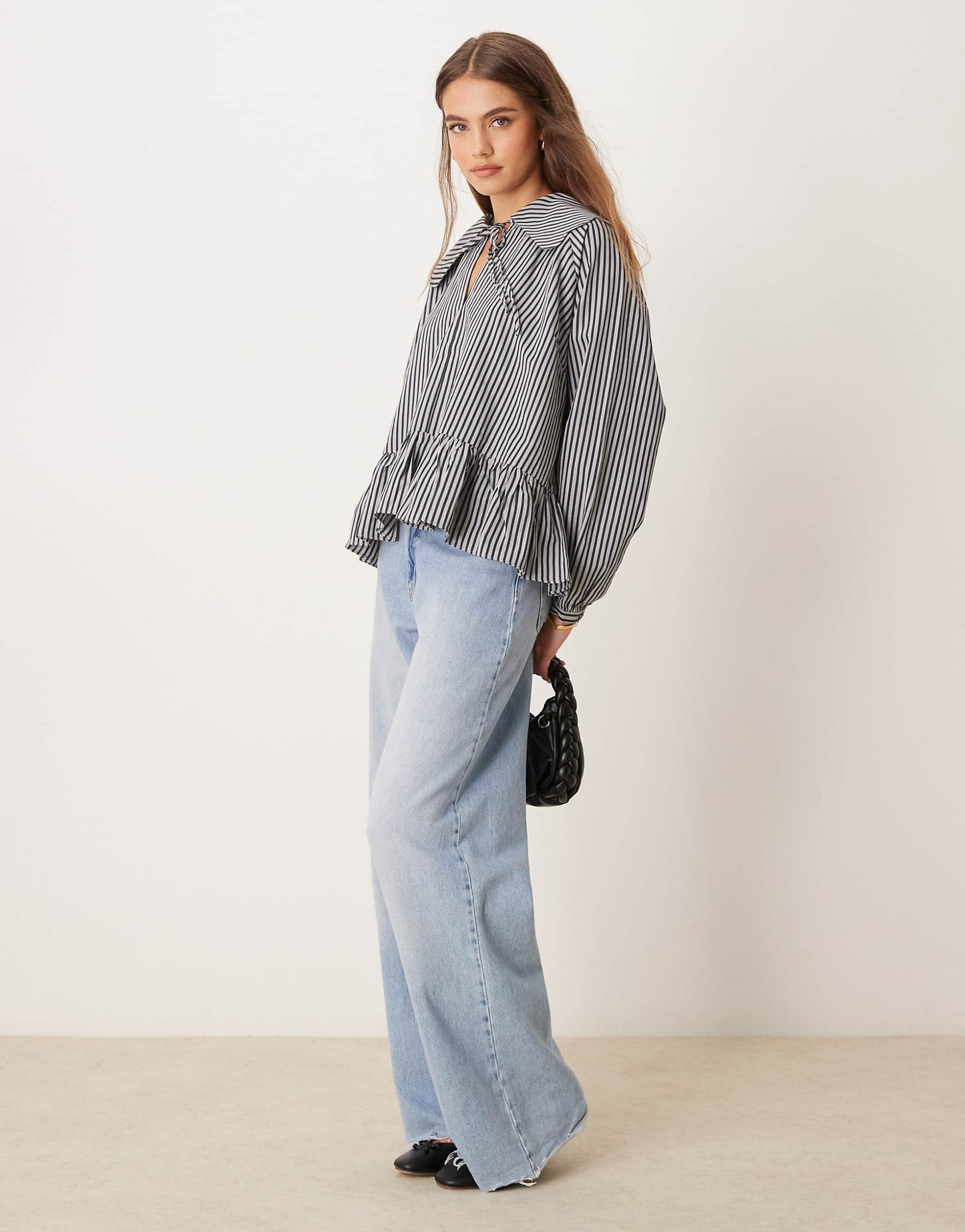 Poplin Oversized Collared Shirt With Peplum Hem And Tie Keyhole Detail