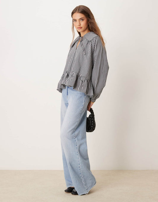 Poplin Oversized Collared Shirt With Peplum Hem And Tie Keyhole Detail