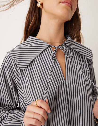 Poplin Oversized Collared Shirt With Peplum Hem And Tie Keyhole Detail