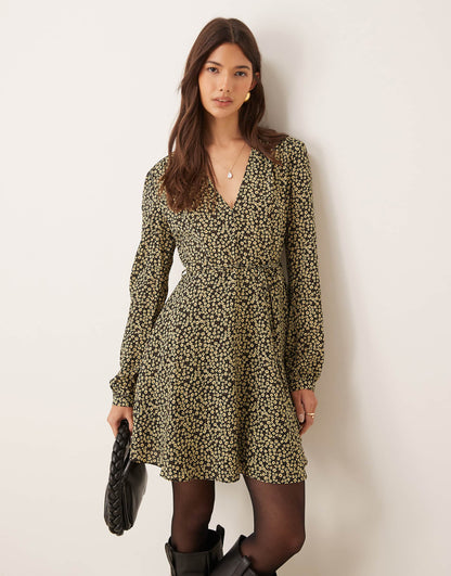 Long Sleeve V Neck Mini Dress