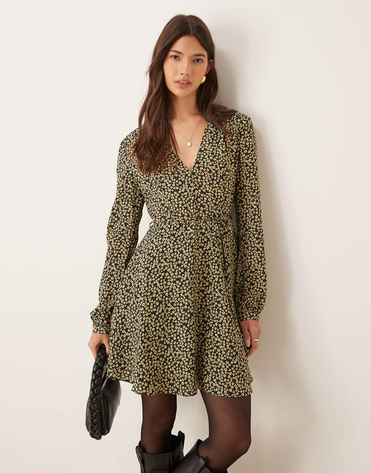 Long Sleeve V Neck Mini Dress