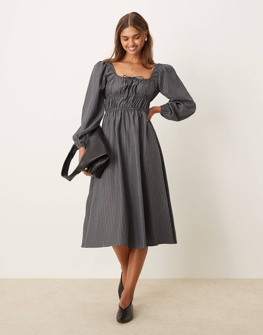 Tie Front Volume Sleeve Shirred Maxi Dress