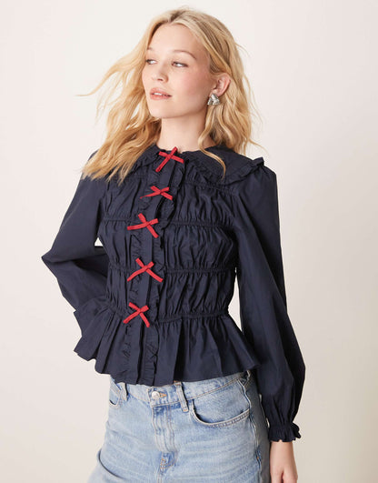 Crinkle Long Sleeve Top With Red Tie Front Bows