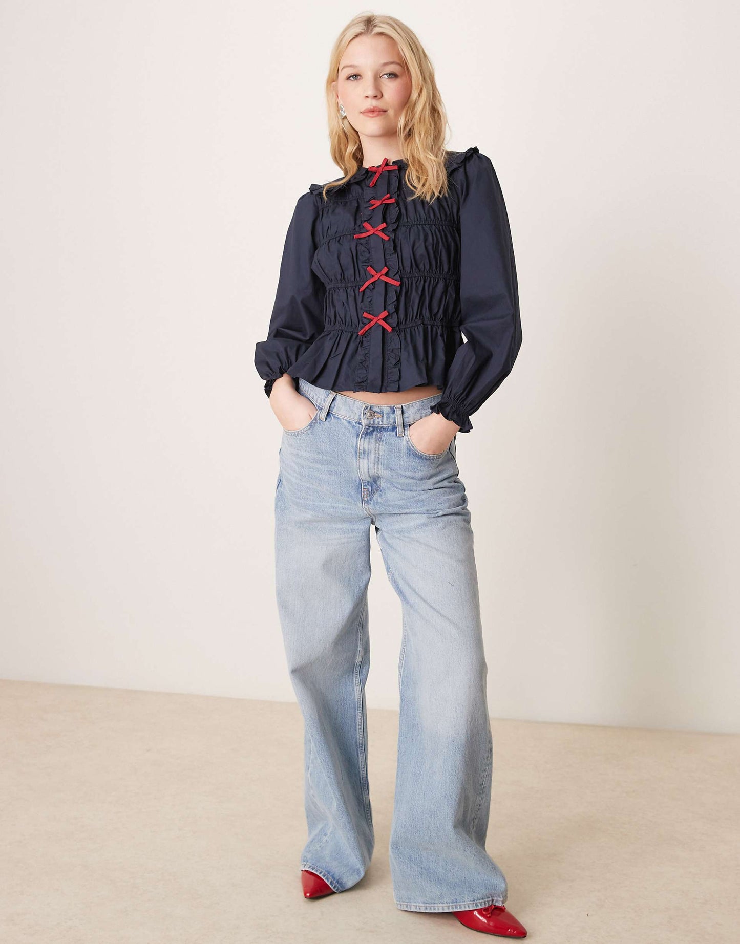 Crinkle Long Sleeve Top With Red Tie Front Bows