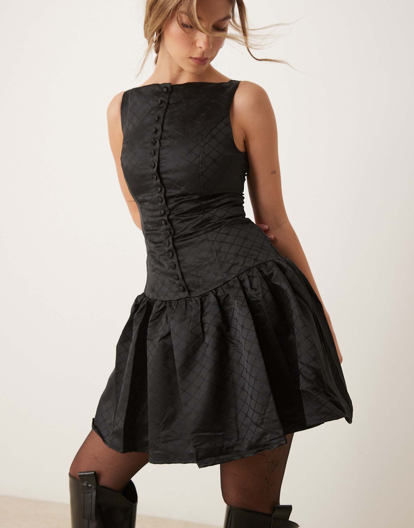 Drop Waist Mini Dress With Boat Neck