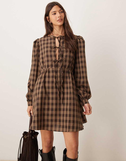 Long Sleeve Mini Smock Dress With Front Ties