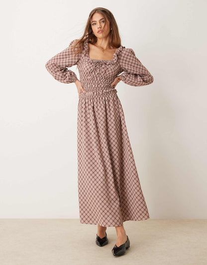 Tie Front Square Neck Volume Sleeve Maxi Dress With Shirring And Bow