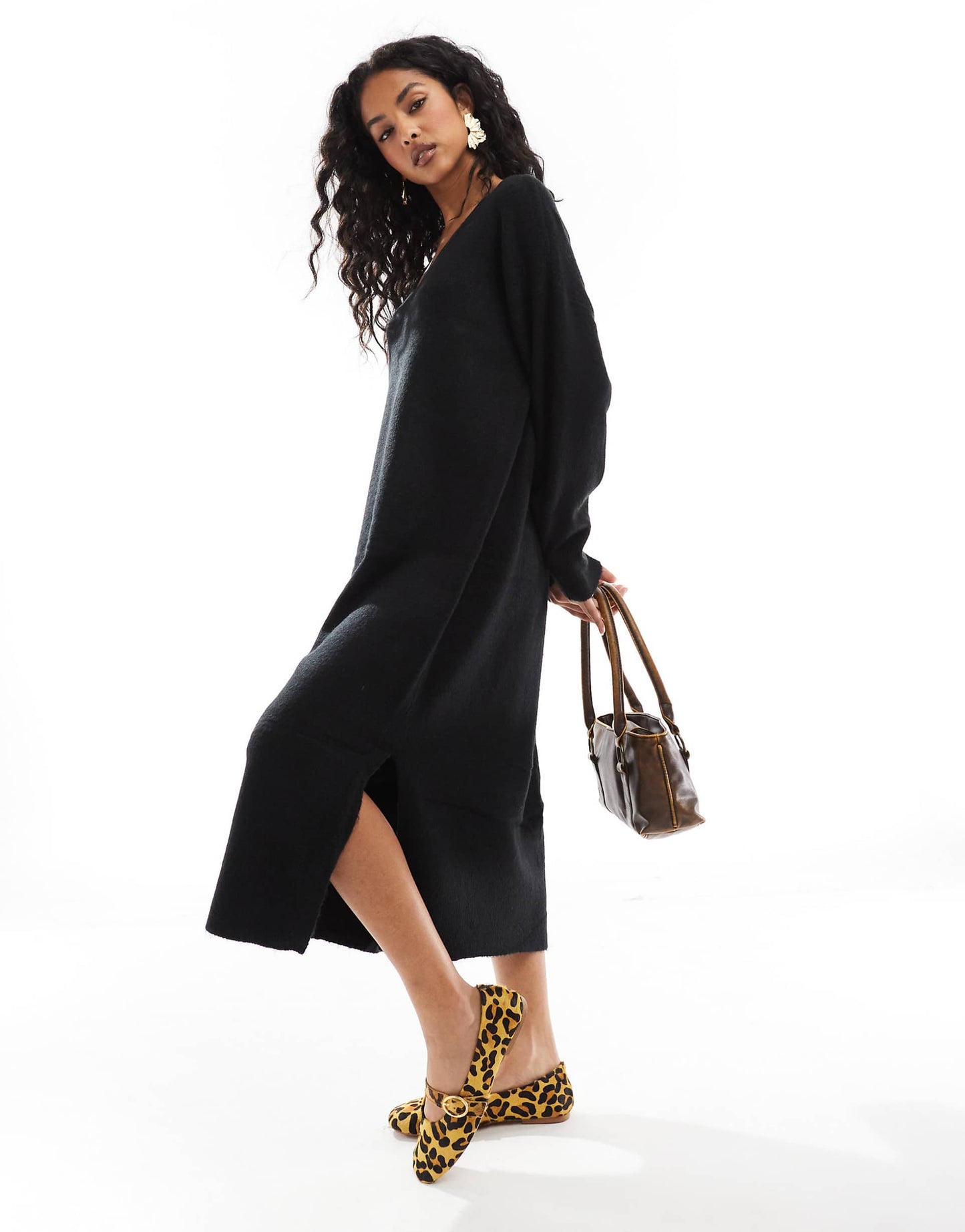 Oversized Knitted V Neck Midi Dress
