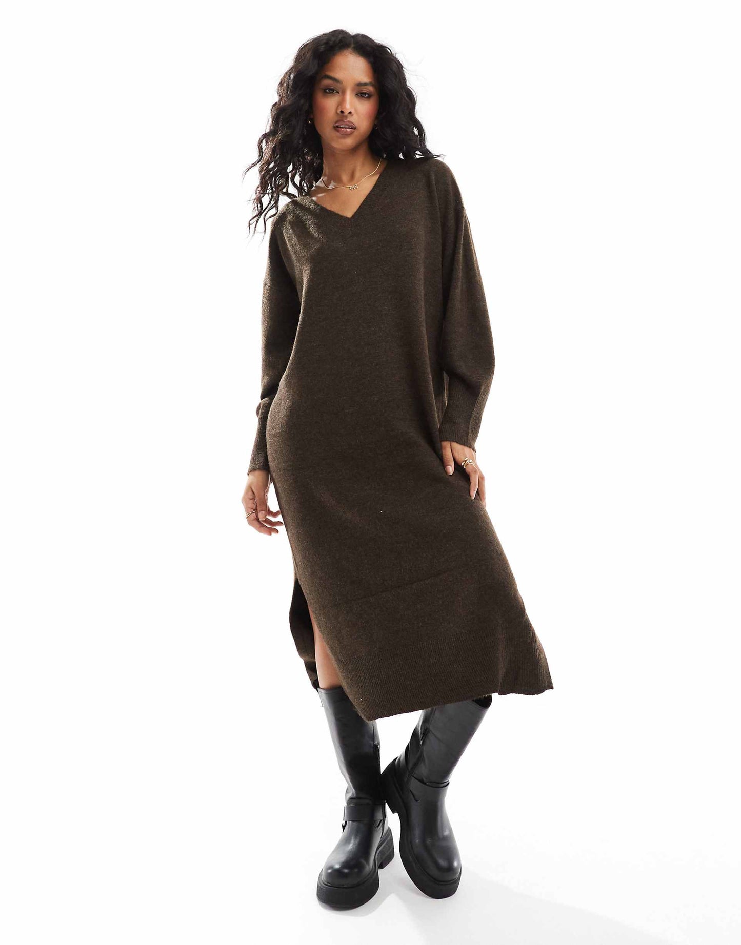 Oversized Knitted V Neck Midi Dress