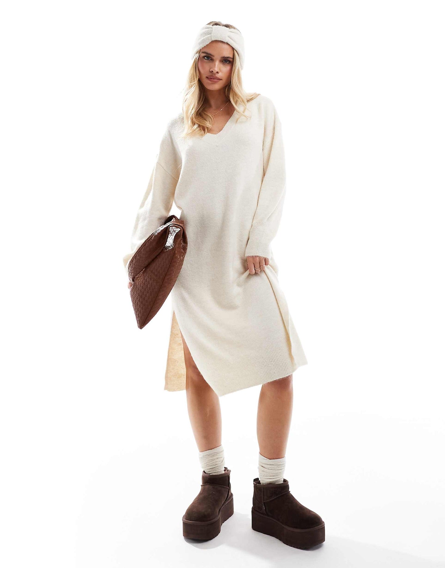 Petite Oversized Knitted V Neck Maxi Dress