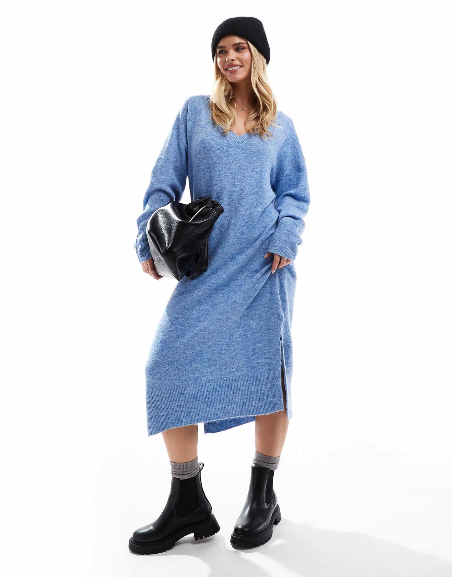 Petite Oversized Knitted V Neck Maxi Dress
